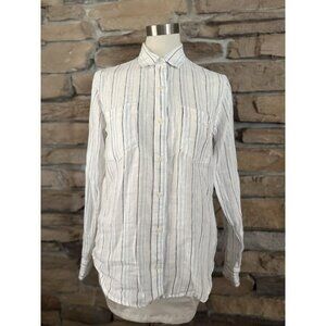 GAP Women’s 100% Linen Button-Up Shirt Blue White Stripe Long Sleeve Size S
